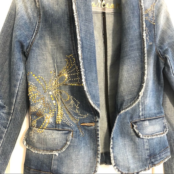 Blue Denim Distressed Gold Butterfly Jean Jacket by Marciano/Guess size Small - Picture 5 of 13